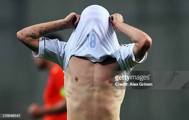 Patrick Herrmann of Germany reacts after the UEFA European Under 21 Championship match between Netherlands and Germany at Ha Moshava Stadium on June...