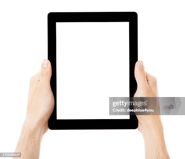 hand holding black tablett pc with white screen isolated - black and white hands 個照片及圖片檔