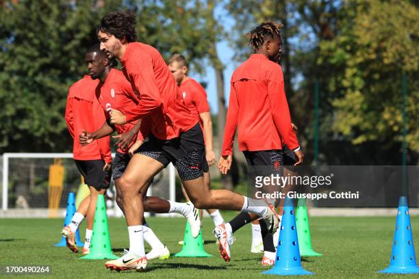 Yacine Adli of AC Milan in action during an AC Milan training session at Milanello on September 25, 2023 in Cairate, Italy.