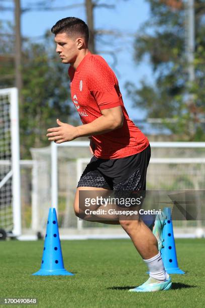 Luka Jovic of AC Milan in action during an AC Milan training session at Milanello on September 25, 2023 in Cairate, Italy.