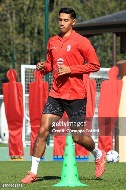 Tijjani Reijnders of AC Milan in action during an AC Milan training session at Milanello on September 25, 2023 in Cairate, Italy.
