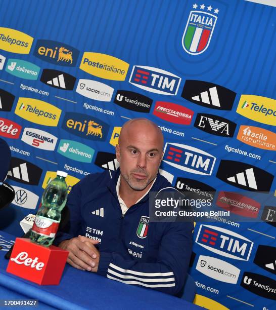 Italian women's national team head coach Andrea Soncin attends a press conference during Italy Women Training Session & Press Conference on September...