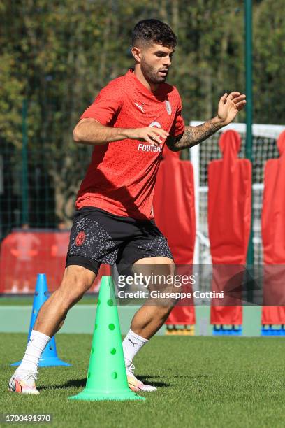 Christian Pulisic of AC Milan in action during an AC Milan training session at Milanello on September 25, 2023 in Cairate, Italy.