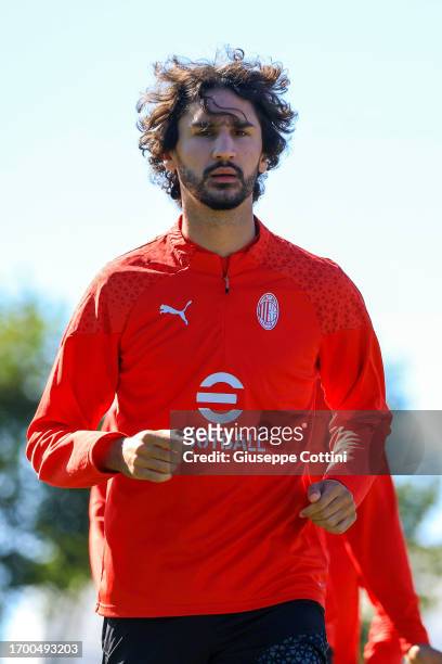 Yacine Adli of AC Milan looks on during an AC Milan training session at Milanello on September 25, 2023 in Cairate, Italy.