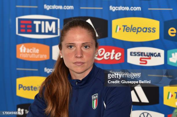 Laura Giuliani and Italian women's national team head coach Andrea Soncin attend a press conference during Italy Women Training Session & Press...