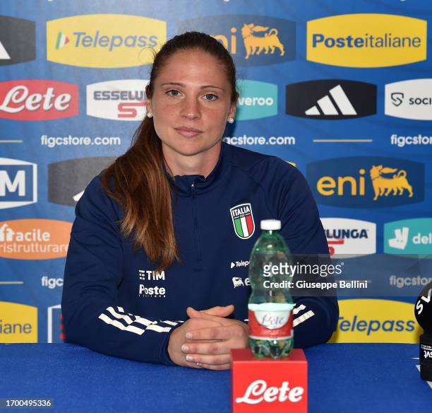 Laura Giuliani and Italian women's national team head coach Andrea Soncin attend a press conference during Italy Women Training Session & Press...