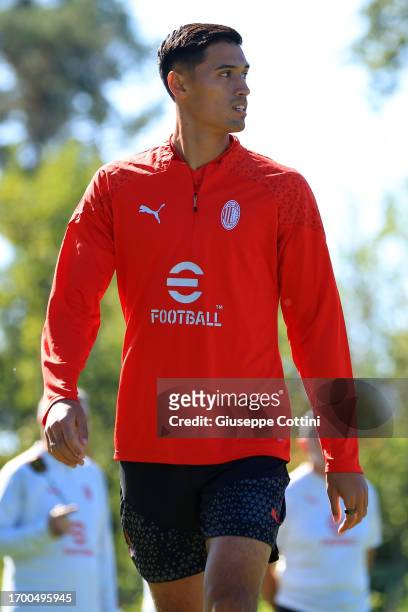 Tijjani Reijnders of AC Milan looks on during an AC Milan training session at Milanello on September 25, 2023 in Cairate, Italy.
