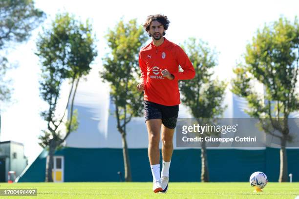 Yacine Adli of AC Milan in action during an AC Milan training session at Milanello on September 25, 2023 in Cairate, Italy.