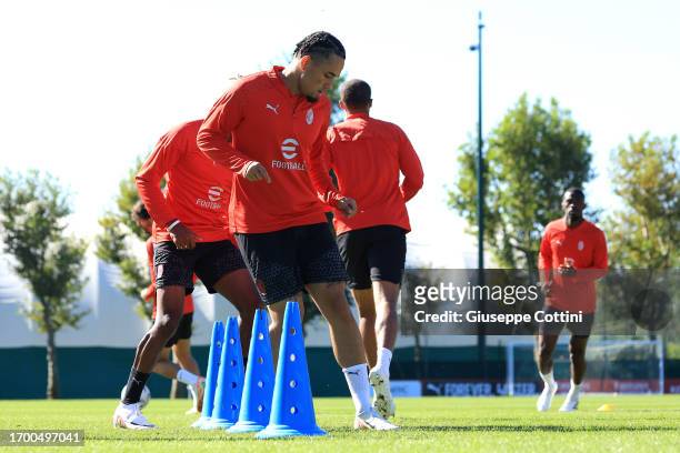 Noah Okafor of AC Milan in action during an AC Milan training session at Milanello on September 25, 2023 in Cairate, Italy.