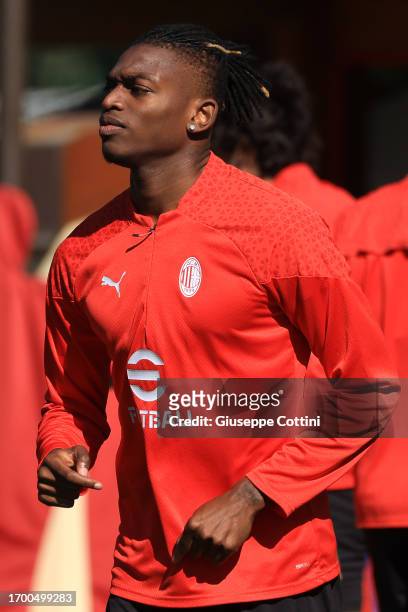 Rafael Leao of AC Milan looks on during an AC Milan training session at Milanello on September 25, 2023 in Cairate, Italy.