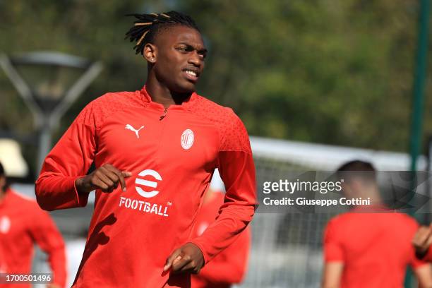 Rafael Leao of AC Milan looks on during an AC Milan training session at Milanello on September 25, 2023 in Cairate, Italy.