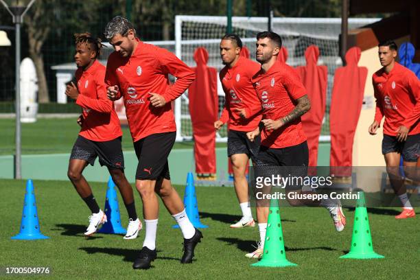 Theo Hernandez of AC Milan in action during an AC Milan training session at Milanello on September 25, 2023 in Cairate, Italy.