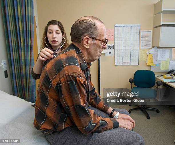 Dr. Elizabeth Brem, checking Roger H. Jensen breathing in the Shapiro Building at Beth Israel Deaconess Medical Center on Thursday, Nov. 1, 2012....