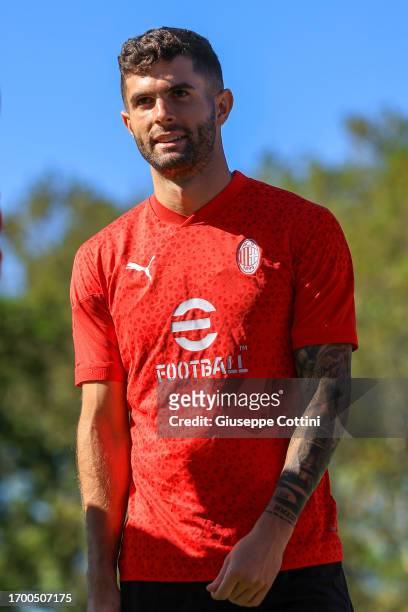 Christian Pulisic of AC Milan looks on during an AC Milan training session at Milanello on September 25, 2023 in Cairate, Italy.