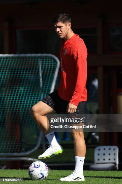 Marco Pellegrino of AC Milan in action during an AC Milan training session at Milanello on September 25, 2023 in Cairate, Italy.