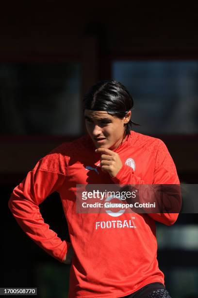 Luka Romero of AC Milan looks on during an AC Milan training session at Milanello on September 25, 2023 in Cairate, Italy.
