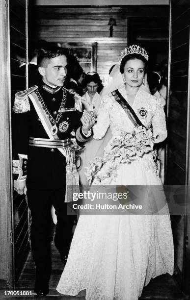 King Hussein weds Princess Dina bint 'Abdu'l-Hamid in Jordan, 18th April 1955.
