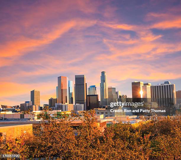 skyline von los angeles (p) - los angeles skyline daytime stock-fotos und bilder