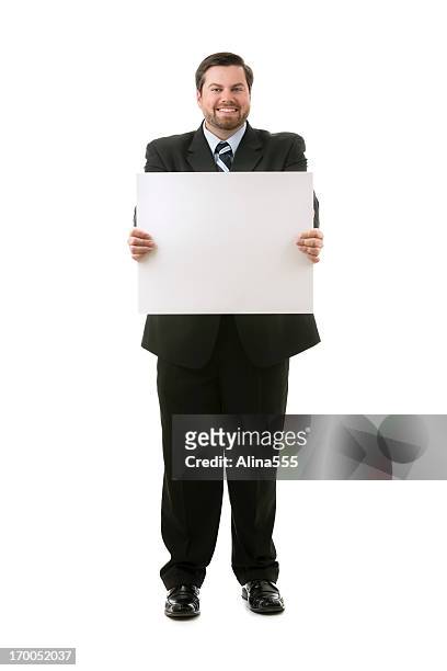 full body portrait of a businessman holding blank sign - man standing full body isolated stock pictures, royalty-free photos & images