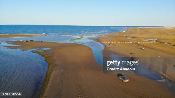 An aerial view of Caspian Sea after a drastic water level drop due to climate change in Baku, Azerbaijan on September 29, 2023. The withdrawal of...