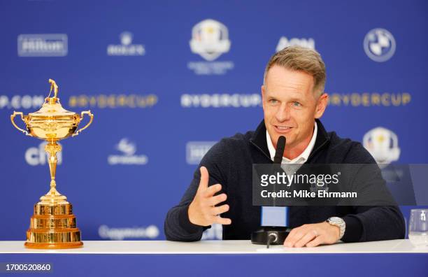 Team Europe Captain, Luke Donald of England attends a joint press conference prior to the 2023 Ryder Cup at Marco Simone Golf Club on September 25,...