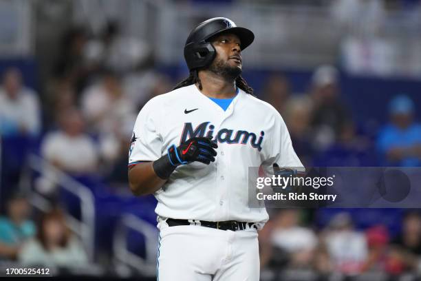 Josh Bell of the Miami Marlins looks on against the Milwaukee Brewers during the seventh inning at loanDepot park on September 24, 2023 in Miami,...