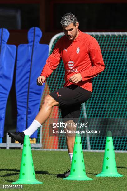 Theo Hernandez of AC Milan in action during an AC Milan training session at Milanello on September 25, 2023 in Cairate, Italy.