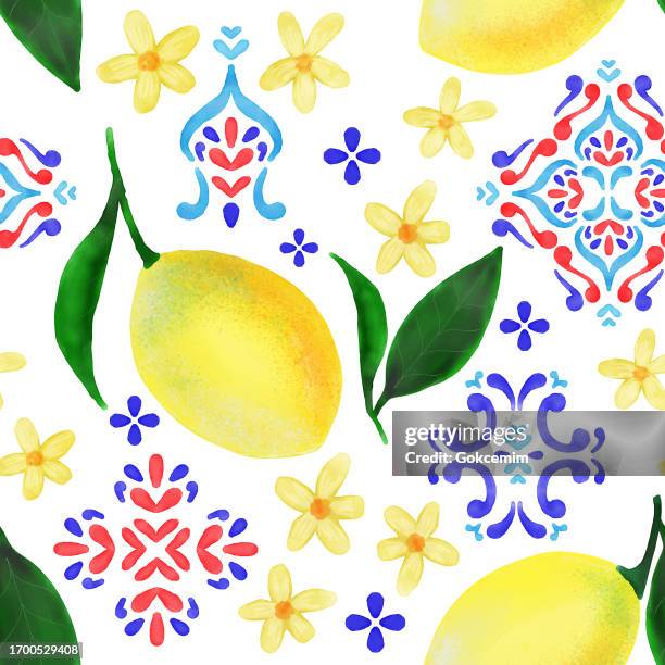 illustrations, cliparts, dessins animés et icônes de aquarelle peinte à la main citrons et carreaux méditerranéens damask motif sans couture. printemps, contexte du concept d’été. élément de design pour la douche nuptiale et les cartes d’invitation et de vœux de mariage. - prunus africana