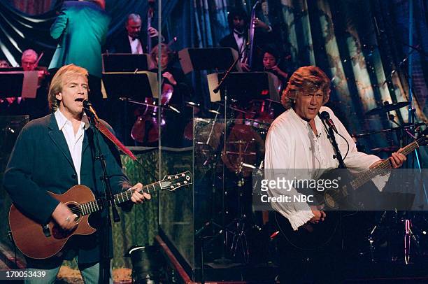 Episode 637 -- Pictured: Justin Hayward and John Lodge of musical guests The Moody Blues perform on February 21, 1995 --