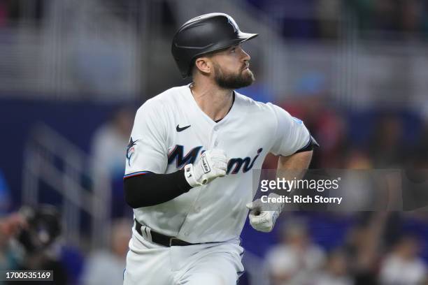 Jon Berti of the Miami Marlins looks on against the Milwaukee Brewers during the third inning at loanDepot park on September 24, 2023 in Miami,...