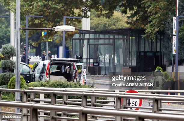 This photograph shows the commercial vehicle used by the two attackers near the Interior Ministry in Ankara, on October 1 following a bomb attack...