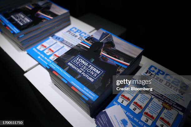 Conservative Party information and merchandise on the opening day of the UK Conservative Party Conference in Manchester, UK, on Sunday, Oct. 1, 2023....