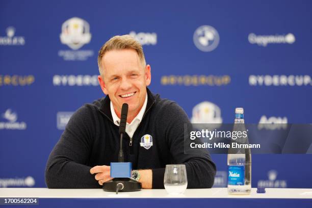 Team Europe Captain, Luke Donald of England attends a joint press conference prior to the 2023 Ryder Cup at Marco Simone Golf Club on September 25,...