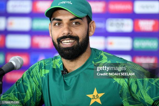 Pakistan's vice captain Shadab Khan speaks during a media briefing at the Rajiv Gandhi International Cricket Stadium in Hyderabad on October 1 ahead...