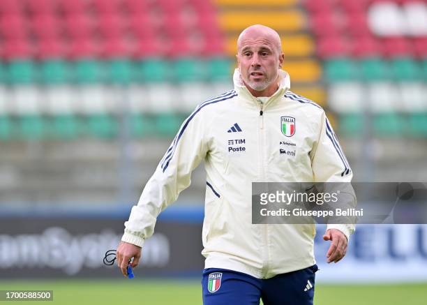 Italian women's national team head coach Andrea Soncin looks on during Italy Women Training Session & Press Conference on September 25, 2023 in...