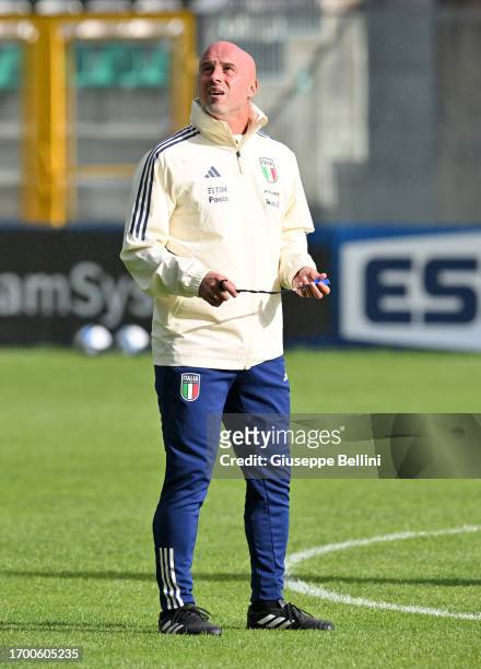 Italian women's national team head coach Andrea Soncin looks on during Italy Women Training Session & Press Conference on September 25, 2023 in...