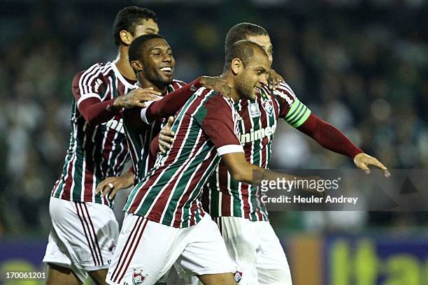 Players of Fluminense celebrate a scored goal during the match between Fluminense and Coritiba for the Brazilian Serie A 2013 on June 06, 2013 in...
