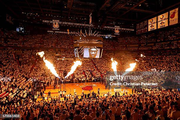 Fire is seen during pre-game introductions before the Miami Heat take on the San Antonio Spurs in Game One of the 2013 NBA Finals at AmericanAirlines...