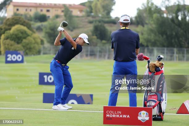 Collin Morikawa of Team United States plays a shot in the practice area prior to the 2023 Ryder Cup at Marco Simone Golf Club on September 25, 2023...