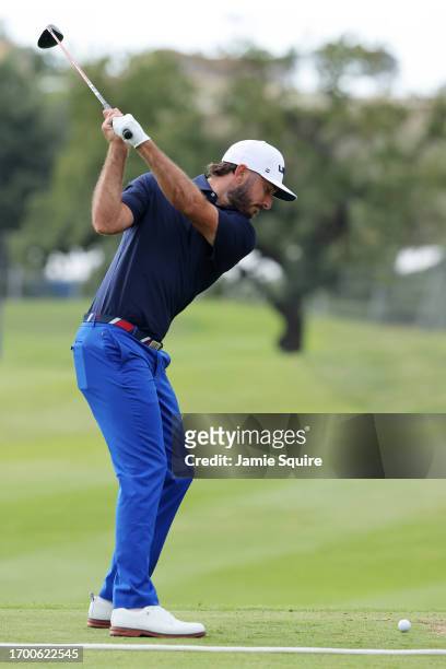 Max Homa of Team United States plays a shot in the practice area prior to the 2023 Ryder Cup at Marco Simone Golf Club on September 25, 2023 in Rome,...