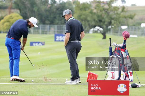 Max Homa of Team United States plays a shot in the practice area prior to the 2023 Ryder Cup at Marco Simone Golf Club on September 25, 2023 in Rome,...