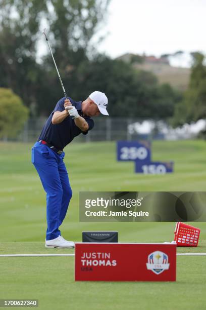 Justin Thomas of Team United States plays a shot in the practice area prior to the 2023 Ryder Cup at Marco Simone Golf Club on September 25, 2023 in...
