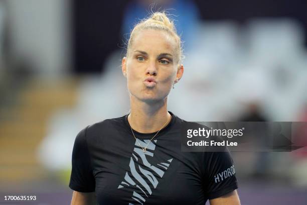 Arantxa Rus of the Netherlands in action against Linda Fruhvirtova of the Czech Republic during their round of 64 match on day 6 of the 2023 China...