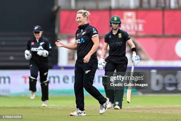 Laura Wolvaardt, captain of South Africa bowled out by Sophie Devine, captain of New Zealand during the ICC Women's Championship, 3rd ODI match...