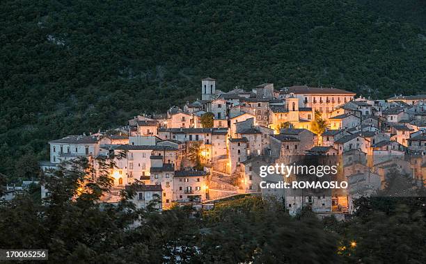 scanno cityscape at dusk, l'aquila province, abruzzi italy - abruzzo stock pictures, royalty-free photos & images