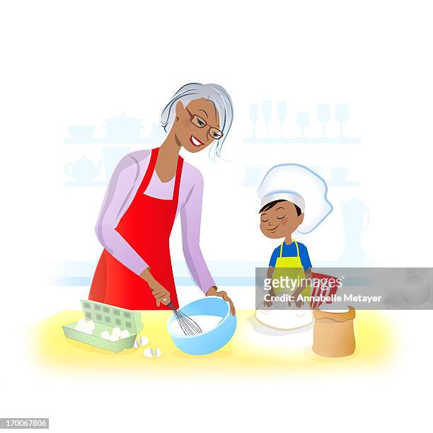 illustrations, cliparts, dessins animés et icônes de a boy baking with his grandmother - mamie cuisine