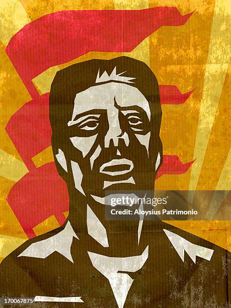 ilustraciones, imágenes clip art, dibujos animados e iconos de stock de a worker looking up with flags in the background - patrimonio