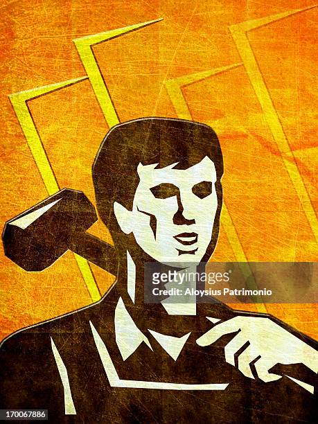 ilustraciones, imágenes clip art, dibujos animados e iconos de stock de a man holding a sledgehammer - patrimonio