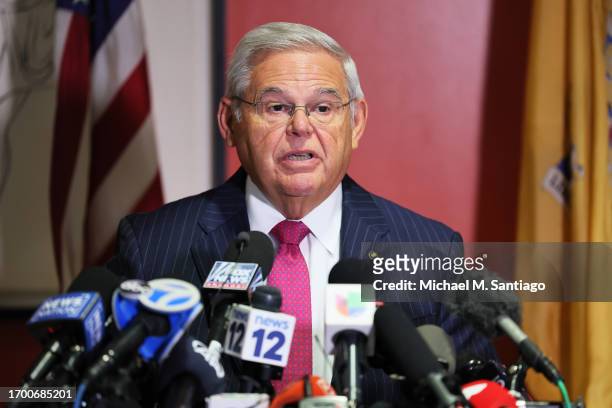 Sen. Bob Menendez speaks during a press conference at Hudson County Community College’s North Hudson Campus on September 25, 2023 in Union City, New...