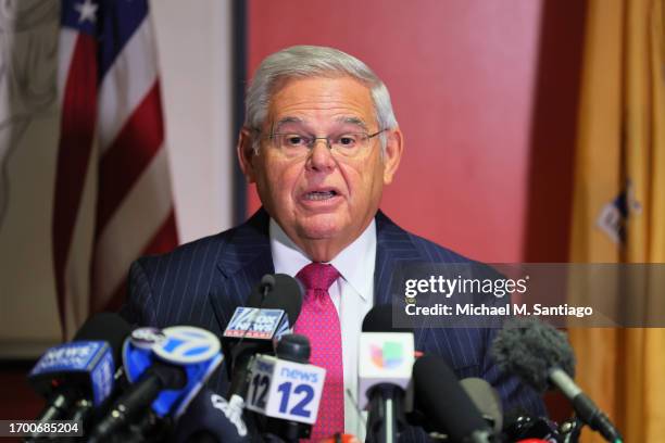 Sen. Bob Menendez speaks during a press conference at Hudson County Community College’s North Hudson Campus on September 25, 2023 in Union City, New...